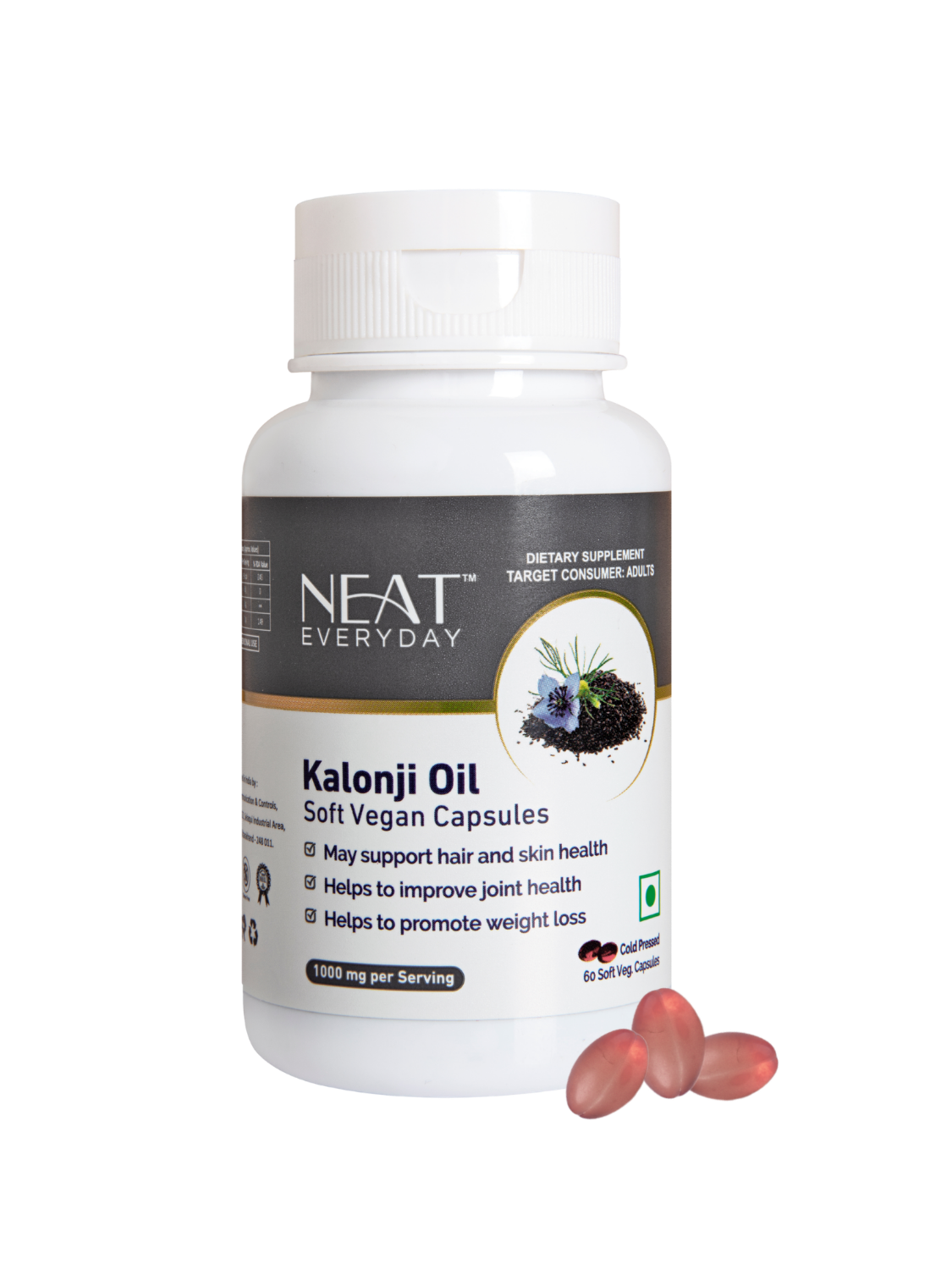 NEAT Kalonji Oil soft vegan capsules bottle with capsules on a white background