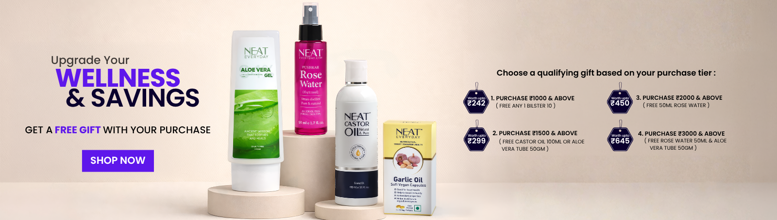 Neat wellness products with promotional text on a beige background