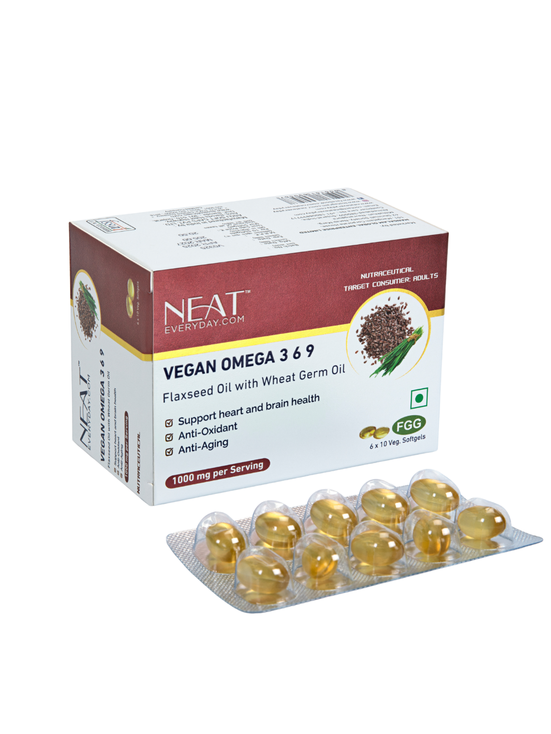 NEAT Vegan Omega 3 6 9 supplement packaging with capsules on a white background
