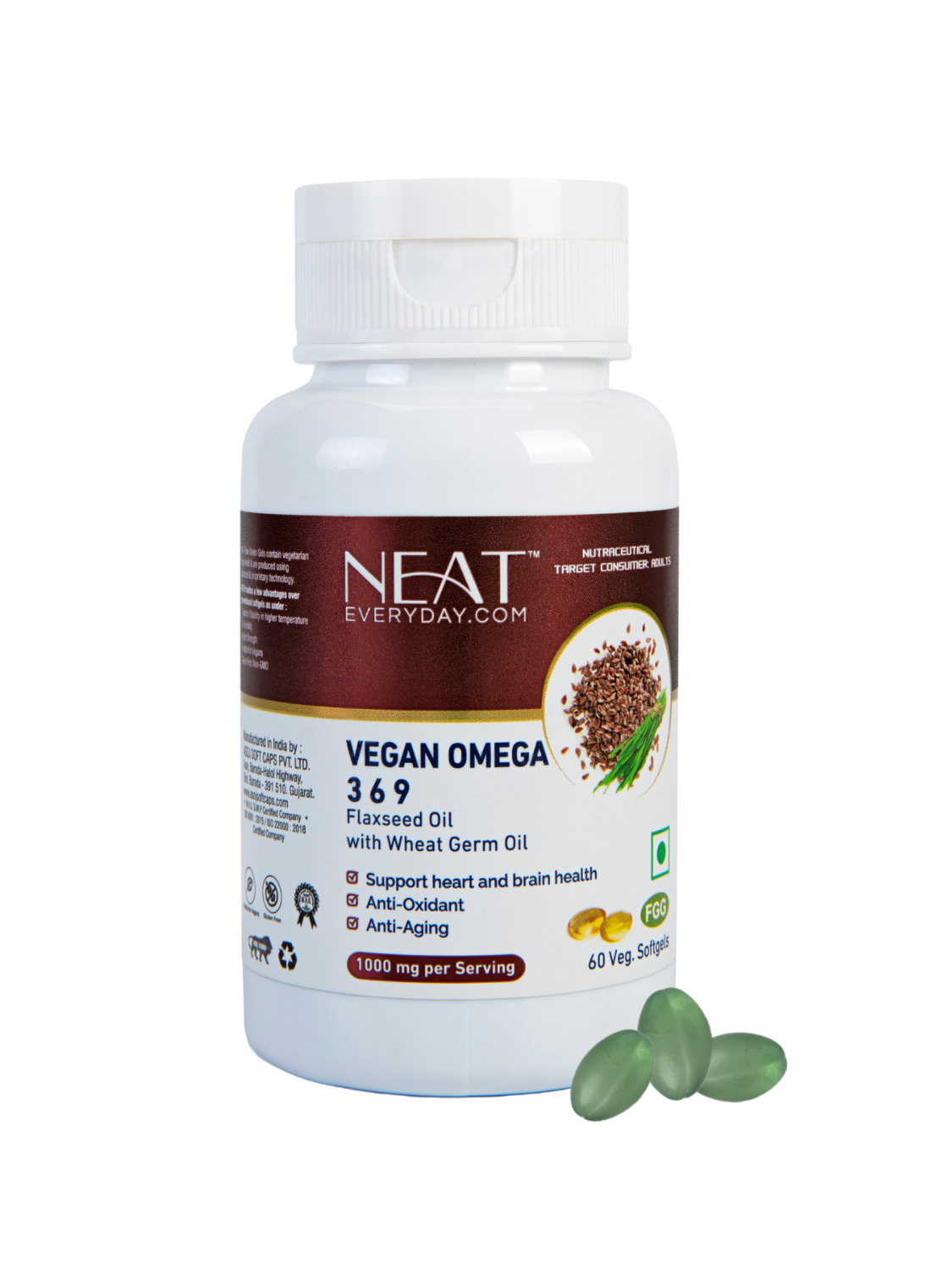 Vegan Omega 3 6 9 supplement bottle with label on a white background