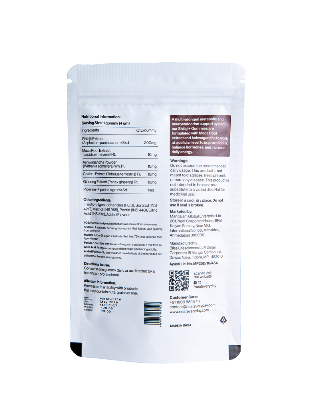 Back view of a white supplement package with text and a QR code on a white background
